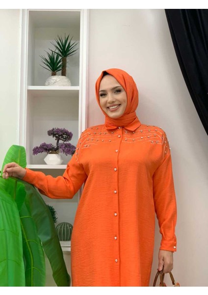 Bym Omuz Taş Işlemeli Düğmeli Tunik ve Pantolon Takım 8430 Oranj fırsatları