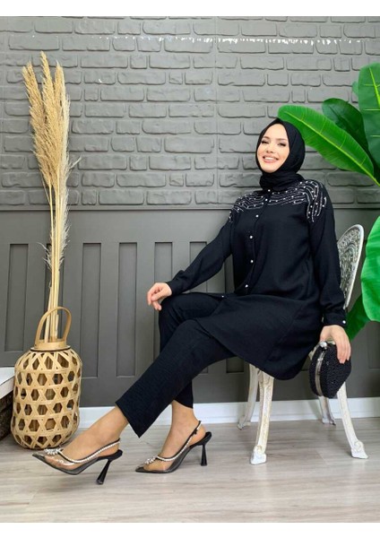 Bym Omuz Taş Işlemeli Düğmeli Tunik ve Pantolon Takım 8430 Siyah modelleri