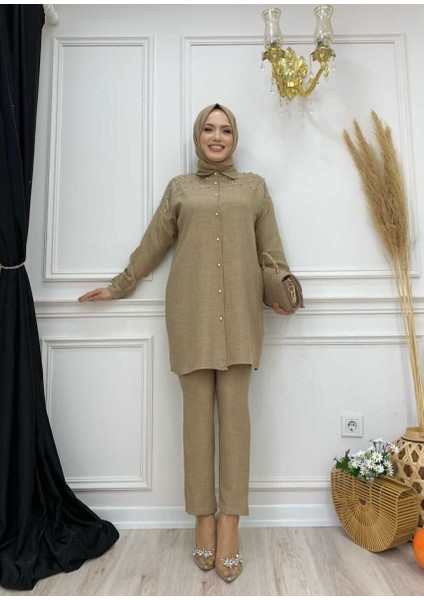 Bym Omuz Taş Işlemeli Düğmeli Tunik ve Pantolon Takım 8430 Vizon
