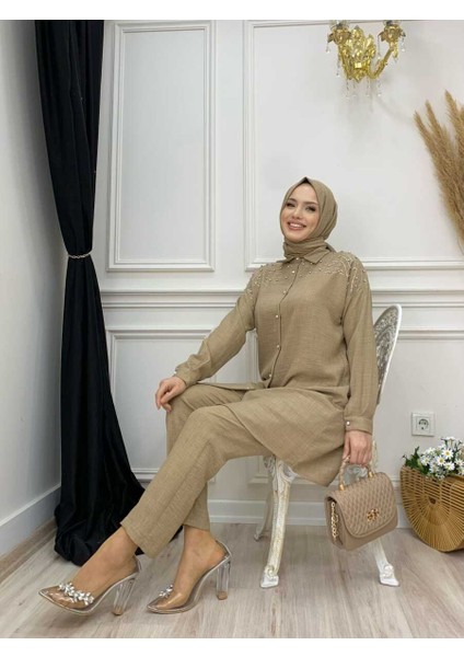 Bym Omuz Taş Işlemeli Düğmeli Tunik ve Pantolon Takım 8430 Vizon