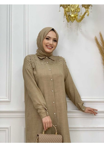 Bym Omuz Taş Işlemeli Düğmeli Tunik ve Pantolon Takım 8430 Vizon