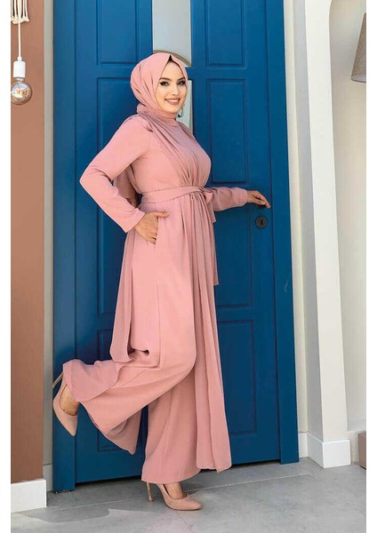 Bym Şifon Pelerin Detay Bel Kuşaklı Tulum 3330 Pudra