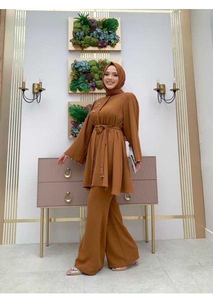 Bym Taş Işleme Detaylı Kuşaklı Tunik ve Pantolonlu Takım 8432 Taba fiyatları