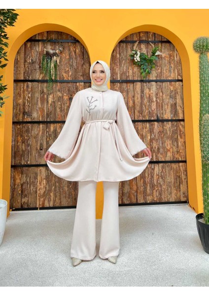 Bym Taş Işleme Detaylı Kuşaklı Tunik ve Pantolonlu Takım 8432 Taş