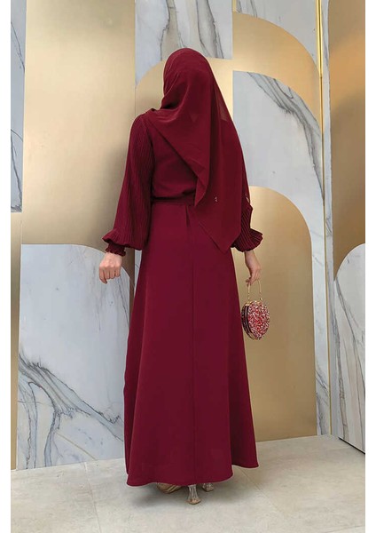 Bym Kol Pliseli Bel Kuşaklı Elbise 3831 Bordo