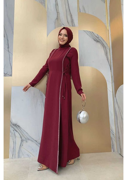 Bym Taş Detaylı Yanları Bağcıklı Elbise 3826 Bordo