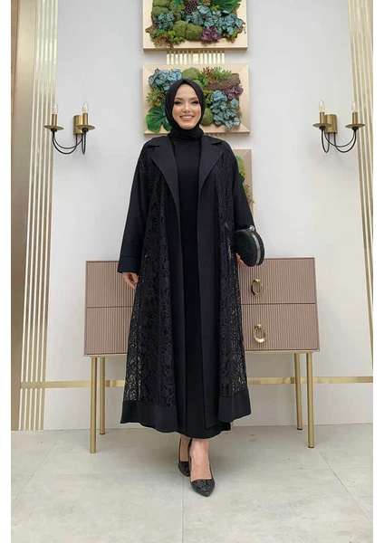 Bym Fashion Bym Yakalı Dantel Güpür Detay Abaya 7830 Siyah