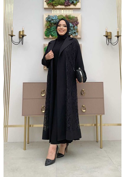 Bym Yakalı Dantel Güpür Detay Abaya 7830 Siyah