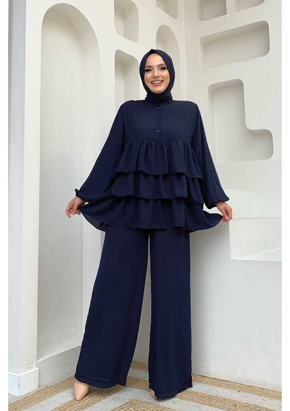 Bym Fashion Bym Düğme Detaylı Kat Kat Tunik Pantolon Takım 8461 Lacivert