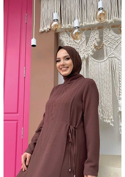 Bym Taş Baskı Desenli Tunik Pantolon Takım 8447 Kahverengi fırsatları