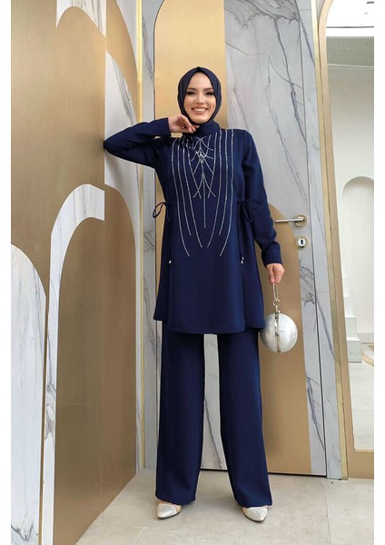 Bym Taş Baskı Desenli Tunik Pantolon Takım 8447 Lacivert