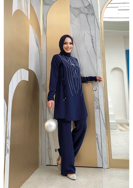 Bym Taş Baskı Desenli Tunik Pantolon Takım 8447 Lacivert fiyatları