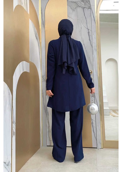 Bym Taş Baskı Desenli Tunik Pantolon Takım 8447 Lacivert modelleri