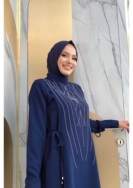 Bym Taş Baskı Desenli Tunik Pantolon Takım 8447 Lacivert fırsatları