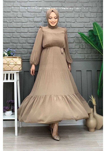 Bym Piliseli Fırfır Görünümlü Bel Kuşaklı Şifon Elbise 3628 Vizon