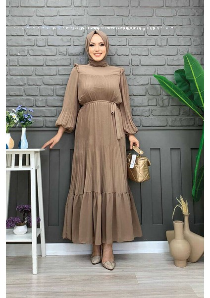 Bym Piliseli Fırfır Görünümlü Bel Kuşaklı Şifon Elbise 3628 Vizon fiyatları