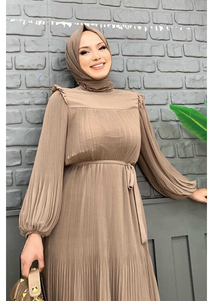 Bym Piliseli Fırfır Görünümlü Bel Kuşaklı Şifon Elbise 3628 Vizon fırsatları