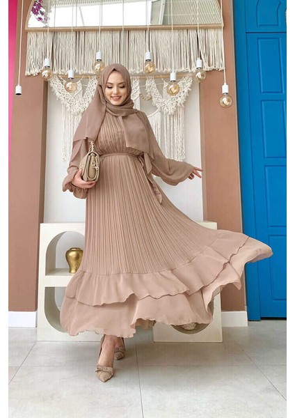 Bym Piliseli Kat Kat Detaylı Astarlı Elbise 3836 Vizon