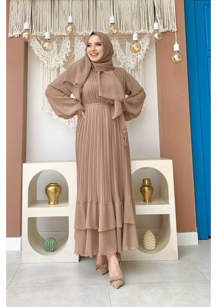 Bym Piliseli Kat Kat Detaylı Astarlı Elbise 3836 Vizon fiyatları