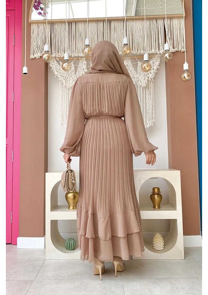 Bym Piliseli Kat Kat Detaylı Astarlı Elbise 3836 Vizon modelleri