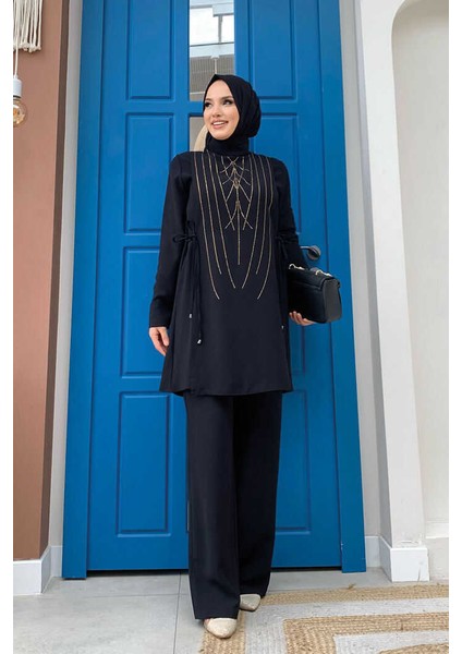 Bym Taş Baskı Desenli Tunik Pantolon Takım 8447 Siyah