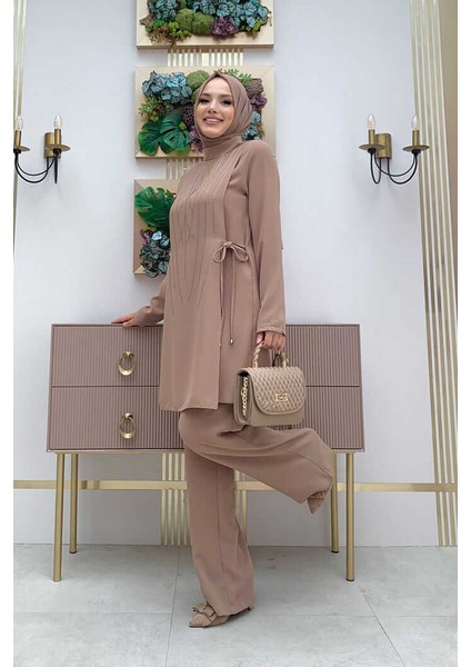 Bym Taş Baskı Desenli Tunik Pantolon Takım 8447 Vizon fiyatları