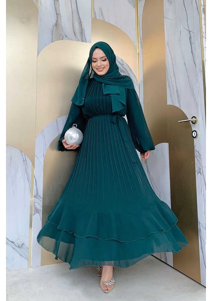 Bym Piliseli Kat Kat Detaylı Astarlı Elbise 3836 Zümrüt