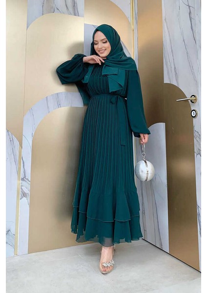 Bym Piliseli Kat Kat Detaylı Astarlı Elbise 3836 Zümrüt fiyatları