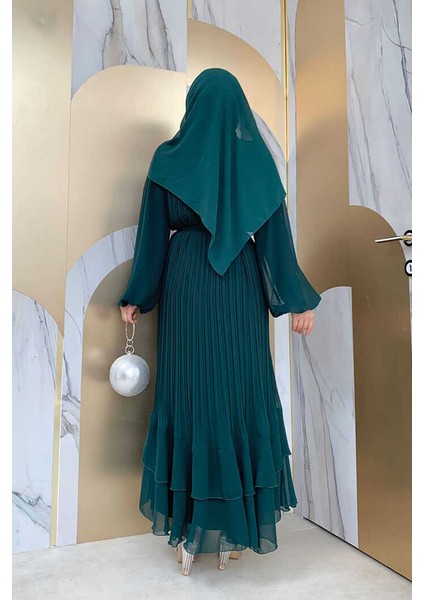 Bym Piliseli Kat Kat Detaylı Astarlı Elbise 3836 Zümrüt modelleri