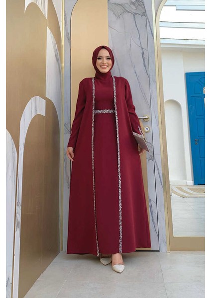 Bym Taş Işleme Detaylı Yelekli Elbise Takım 3838 Bordo