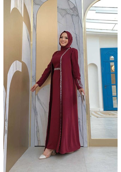 Bym Taş Işleme Detaylı Yelekli Elbise Takım 3838 Bordo