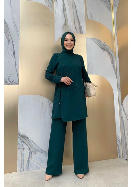 Bym Taş Baskı Desenli Tunik Pantolon Takım 8447 Zümrüt