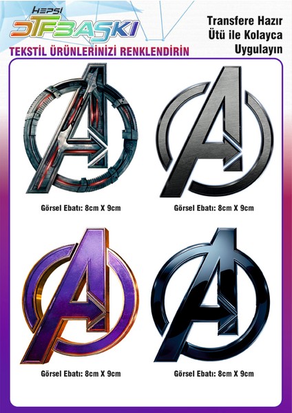 Avengers Yenilmezler Logo 4 Adet Ütü ile Yapışan Tekstil Dtf Baskı