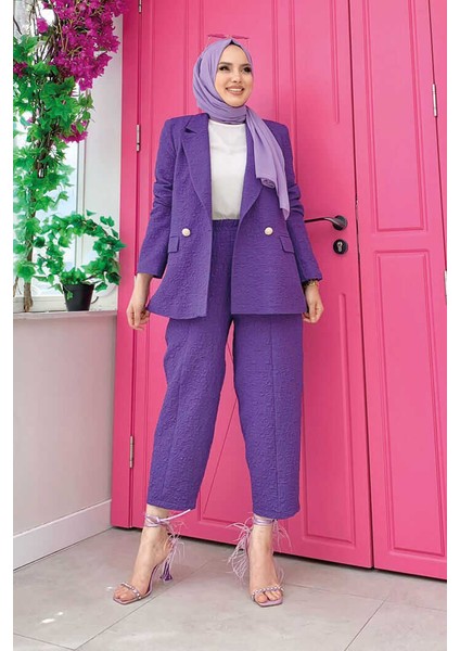 Bym Kabartma Desenli Ceker Pantolon Takım 8457 Mor