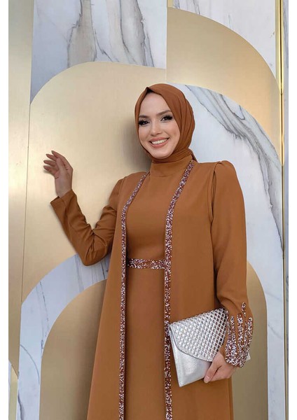 Bym Taş Işleme Detaylı Yelekli Elbise Takım 3838 Taba fırsatları