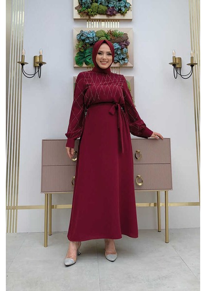 Bym Taş Işlemeli Kuşaklı Elbise 3830 Bordo