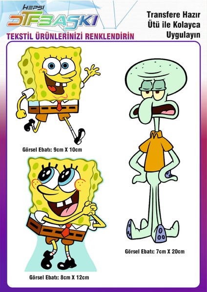 Süngerbob Spongebob 3 Adet Ütü ile Yapışan Tekstil Dtf Baskı