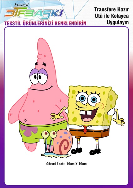Spongebob Süngerbob 1 Adet Ütü ile Yapışan Tekstil Dtf Baskı