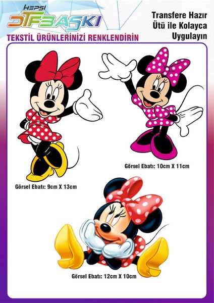 Minnie Mouse Ütü ile Yapışan Tekstil Dtf Baskı