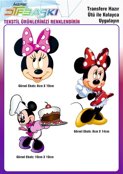 Mickey Minnie Mouse 3 Adet Ütü ile Yapışan Tekstil Dtf Baskı