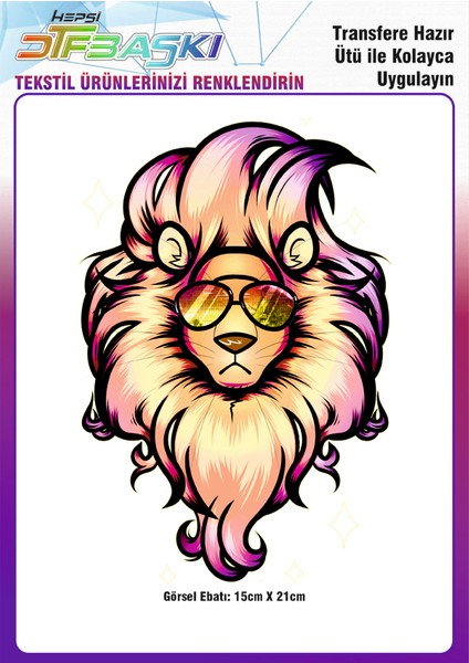 Renkli Gözlüklü Aslan Ütü ile Yapışan Tekstil Dtf Baskı