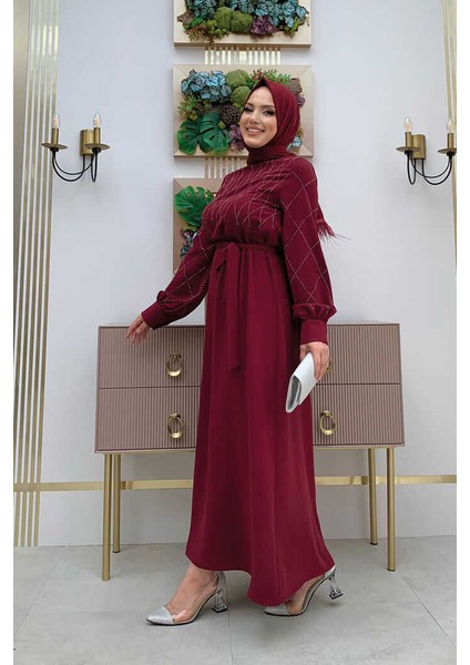 Bym Taş Işlemeli Kuşaklı Elbise 3830 Bordo fiyatları