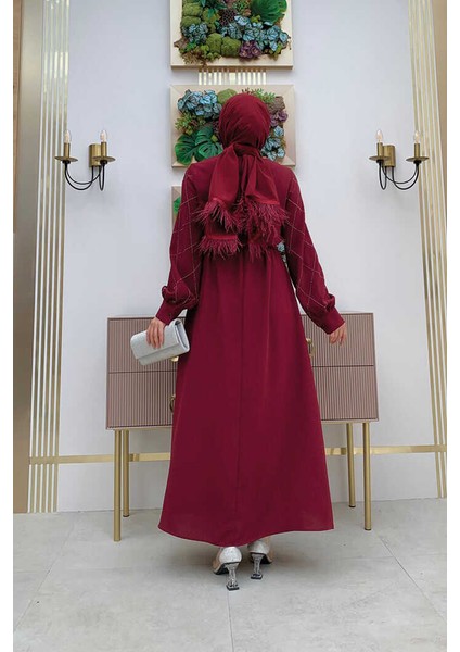 Bym Taş Işlemeli Kuşaklı Elbise 3830 Bordo modelleri