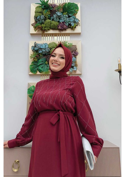 Bym Taş Işlemeli Kuşaklı Elbise 3830 Bordo fırsatları