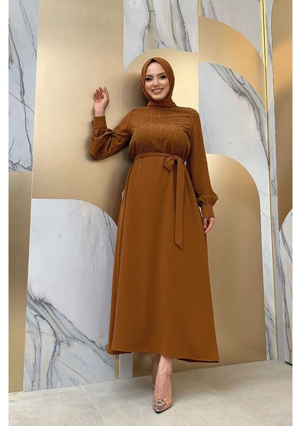 Bym Taş Işlemeli Kuşaklı Elbise 3830 Taba