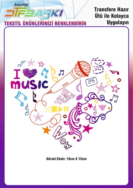 I Love Music Ütü ile Yapışan Tekstil Dtf Baskı