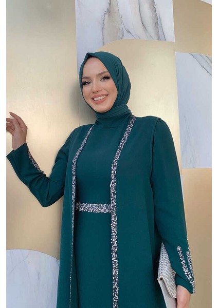 Bym Taş Işleme Detaylı Yelekli Elbise Takım 3838 Zümrüt modelleri
