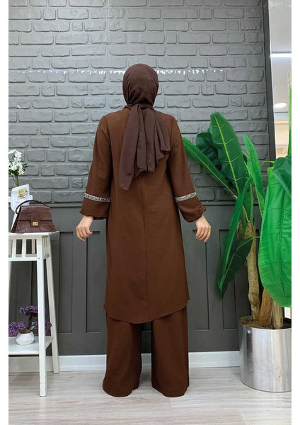 Bym Taş Işleme Detaylı Pantolonlu Tunik Takım 8464 Kahverengi modelleri