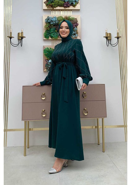 Bym Taş Işlemeli Kuşaklı Elbise 3830 Zümrüt fiyatları