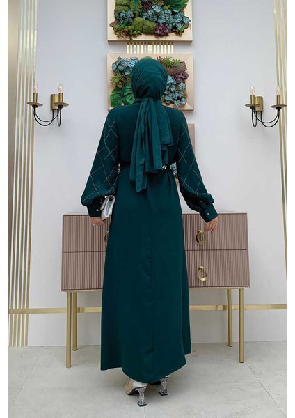 Bym Taş Işlemeli Kuşaklı Elbise 3830 Zümrüt modelleri